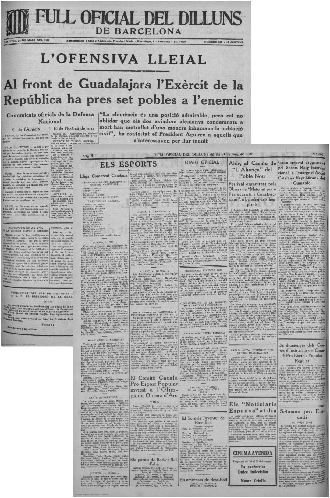 Full oficial del dilluns de Barcelona 24/05/1937