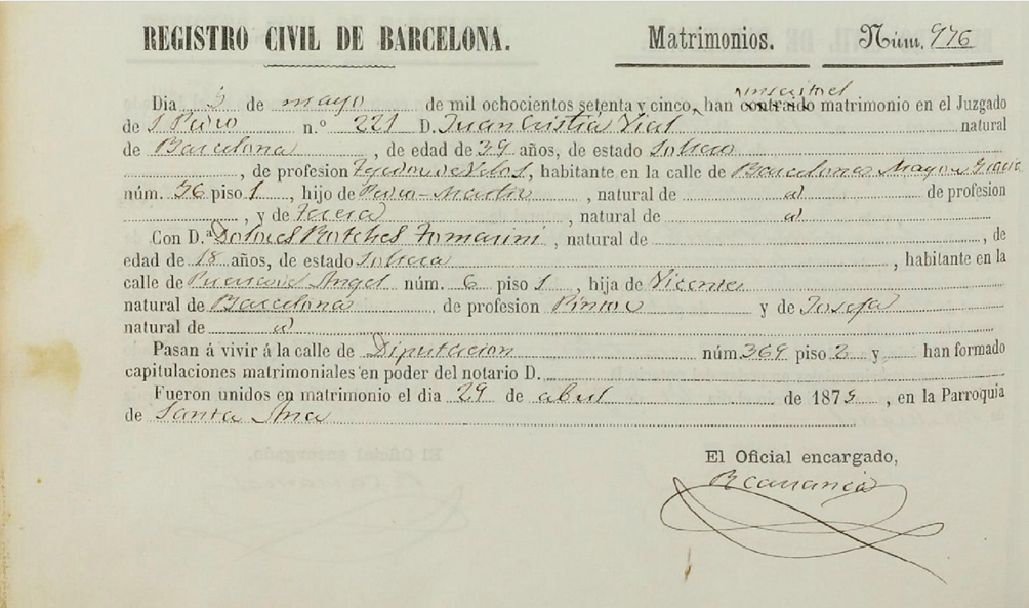 Inscripci casament Joan Cristi amb Dolores Rotches - 1875