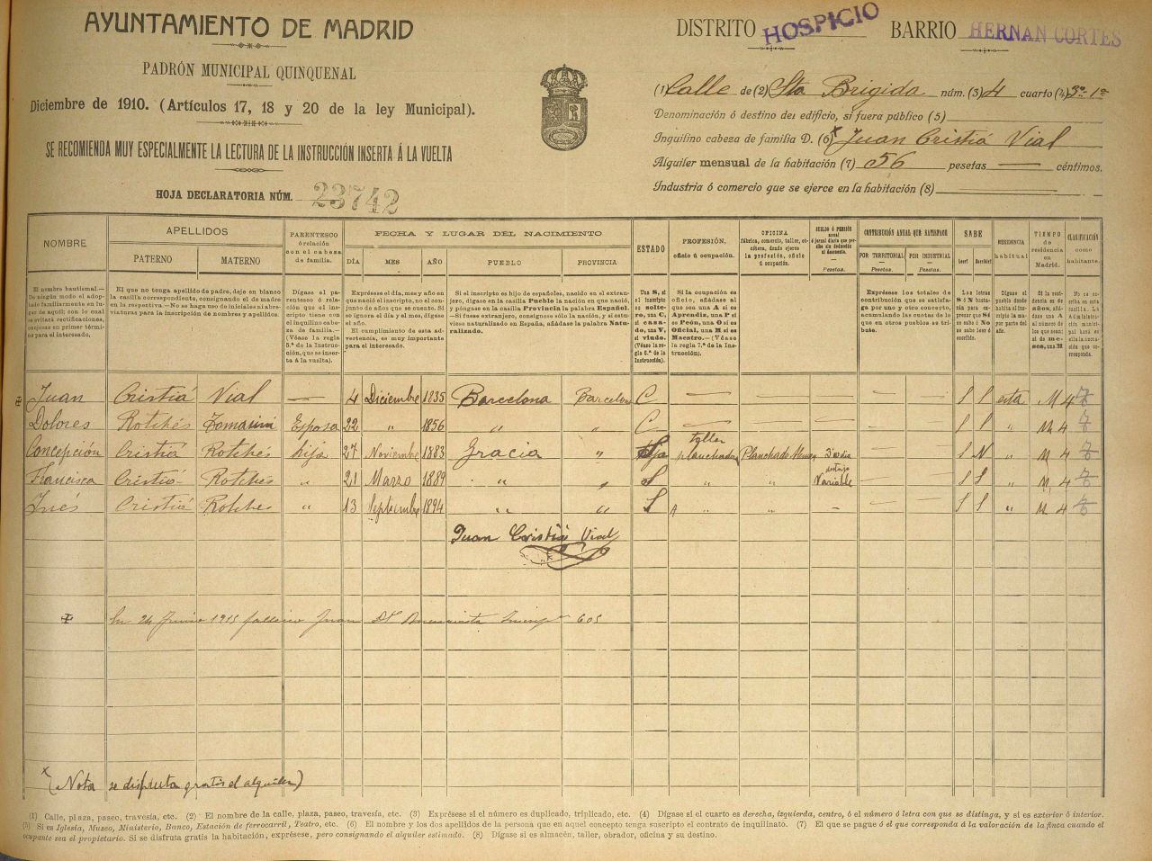 Inscripci en el padr municipal de Madrid, any 1910