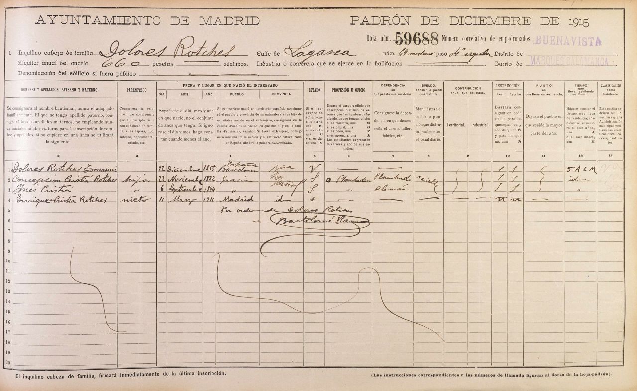 Inscripci en el padr municipal de Madrid, any 1915