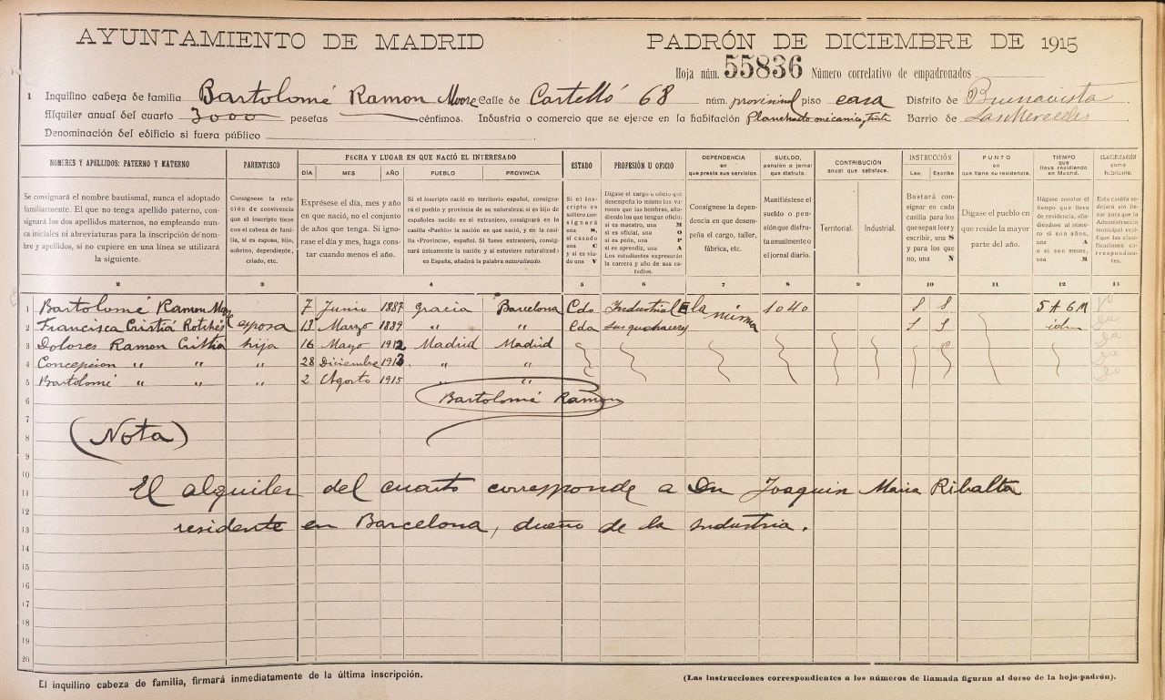 Inscripci en el padr municipal de Madrid, any 1915