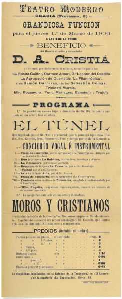 ACR - Programa de m de la funci de l1 de mar de 1906 al Teatre Modern de Grcia. 1906. Collecci Club Excursionista de Grcia. AMDG. Nmero de registre CEG_98-2.1.59